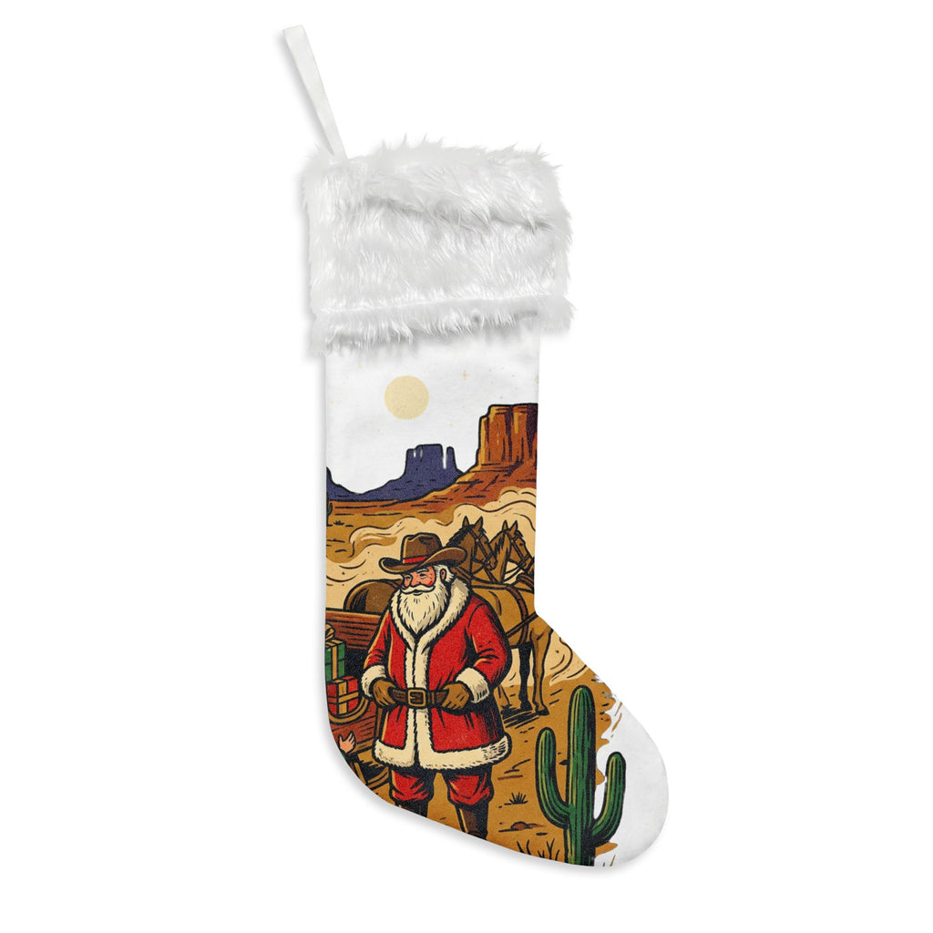 Western Santa Flannel Christmas Stocking with Faux Fur Cuff