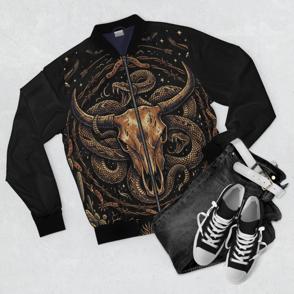 Western Skull & Serpent Bomber Jacket — Dark Sky Outpost Bisbee Graphic
