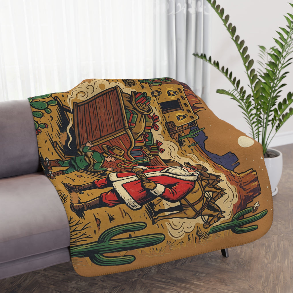 Western Santa Sherpa Blanket – Christmas Cowboy Desert Holiday Throw