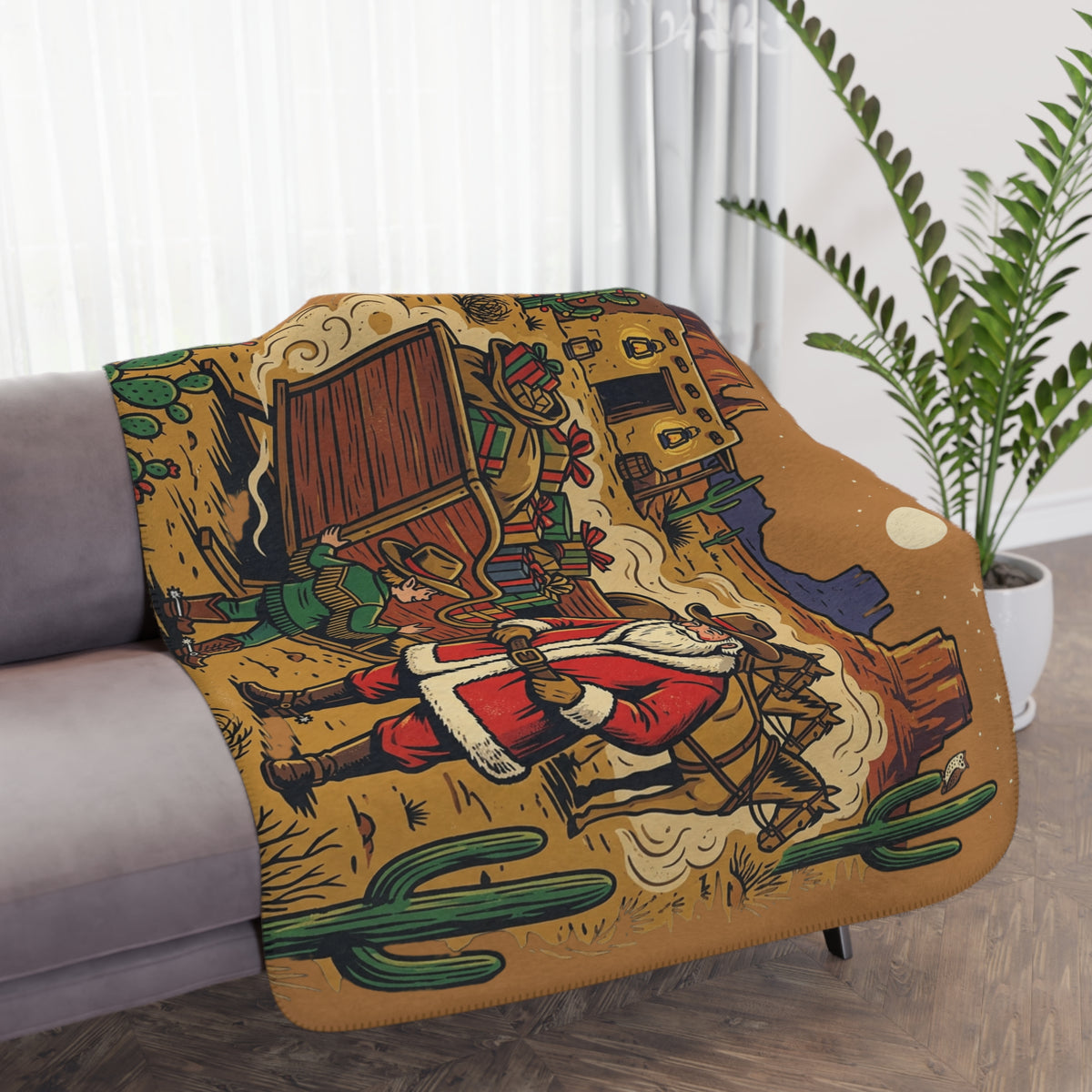 Western Santa Sherpa Blanket – Christmas Cowboy Desert Holiday Throw
