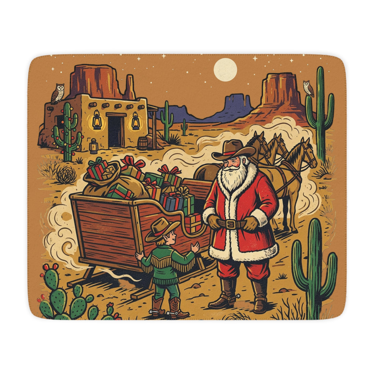 Western Santa Sherpa Blanket – Christmas Cowboy Desert Holiday Throw