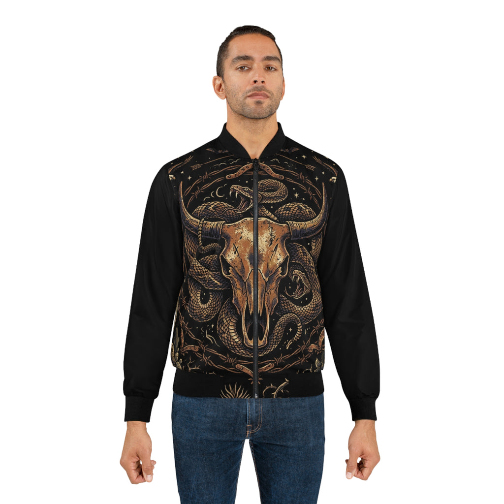 Western Skull & Serpent Bomber Jacket — Dark Sky Outpost Bisbee Graphic