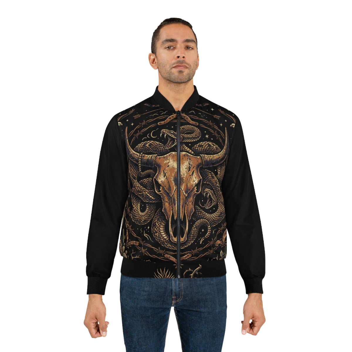 Western Skull & Serpent Bomber Jacket — Dark Sky Outpost Bisbee Graphic