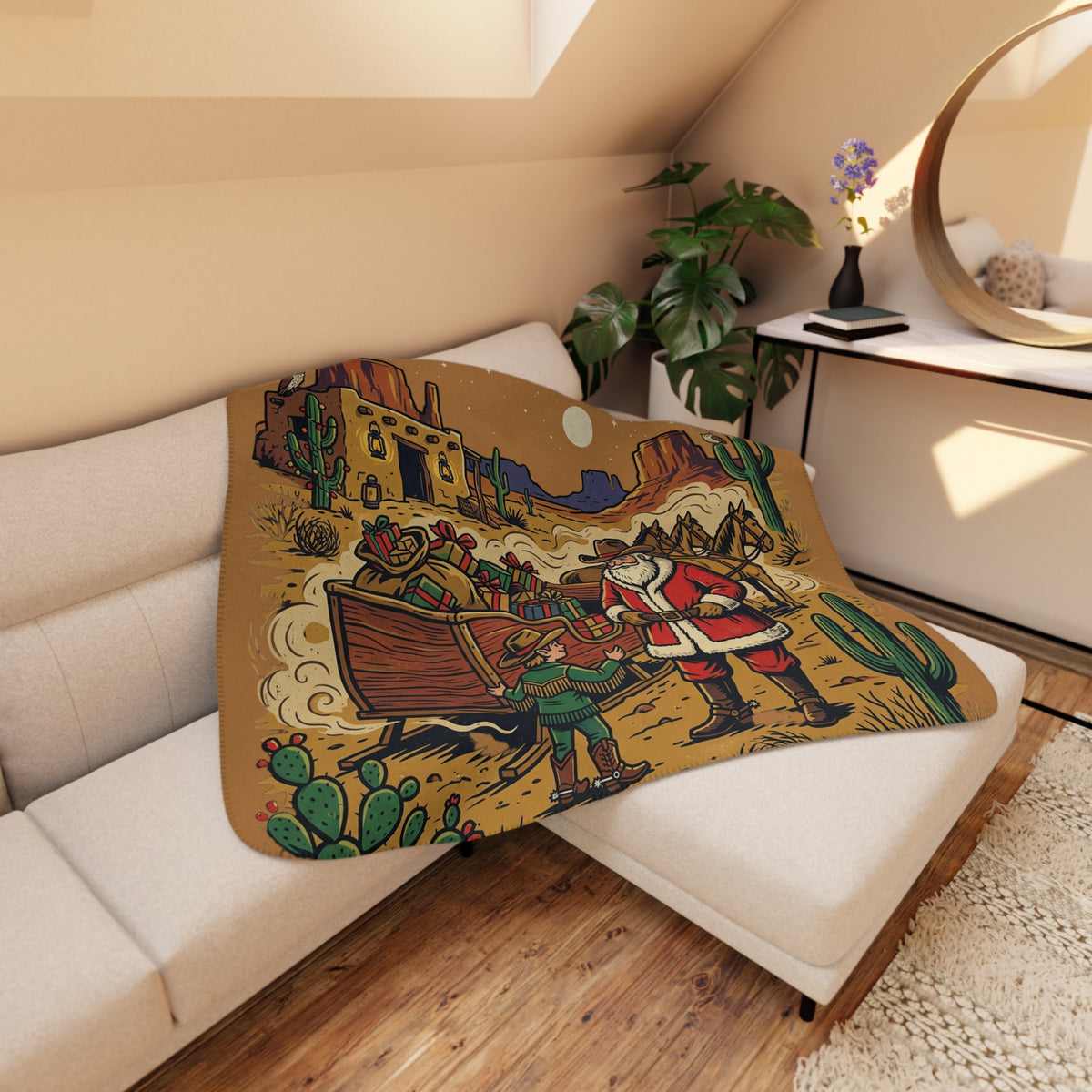 Western Santa Sherpa Blanket – Christmas Cowboy Desert Holiday Throw