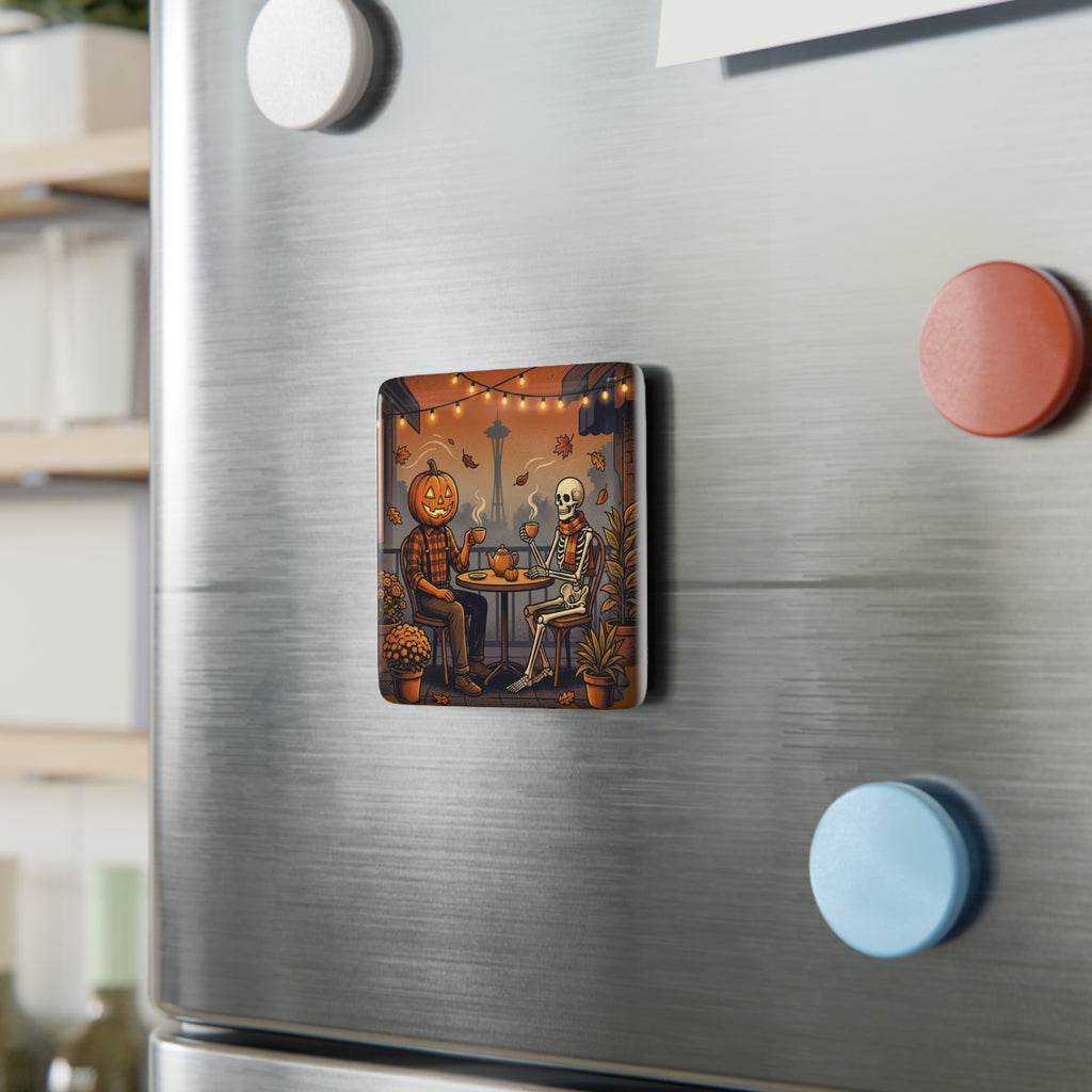 Halloween Date Night Porcelain Magnet — Pumpkin Head & Skeleton Cafe Scene