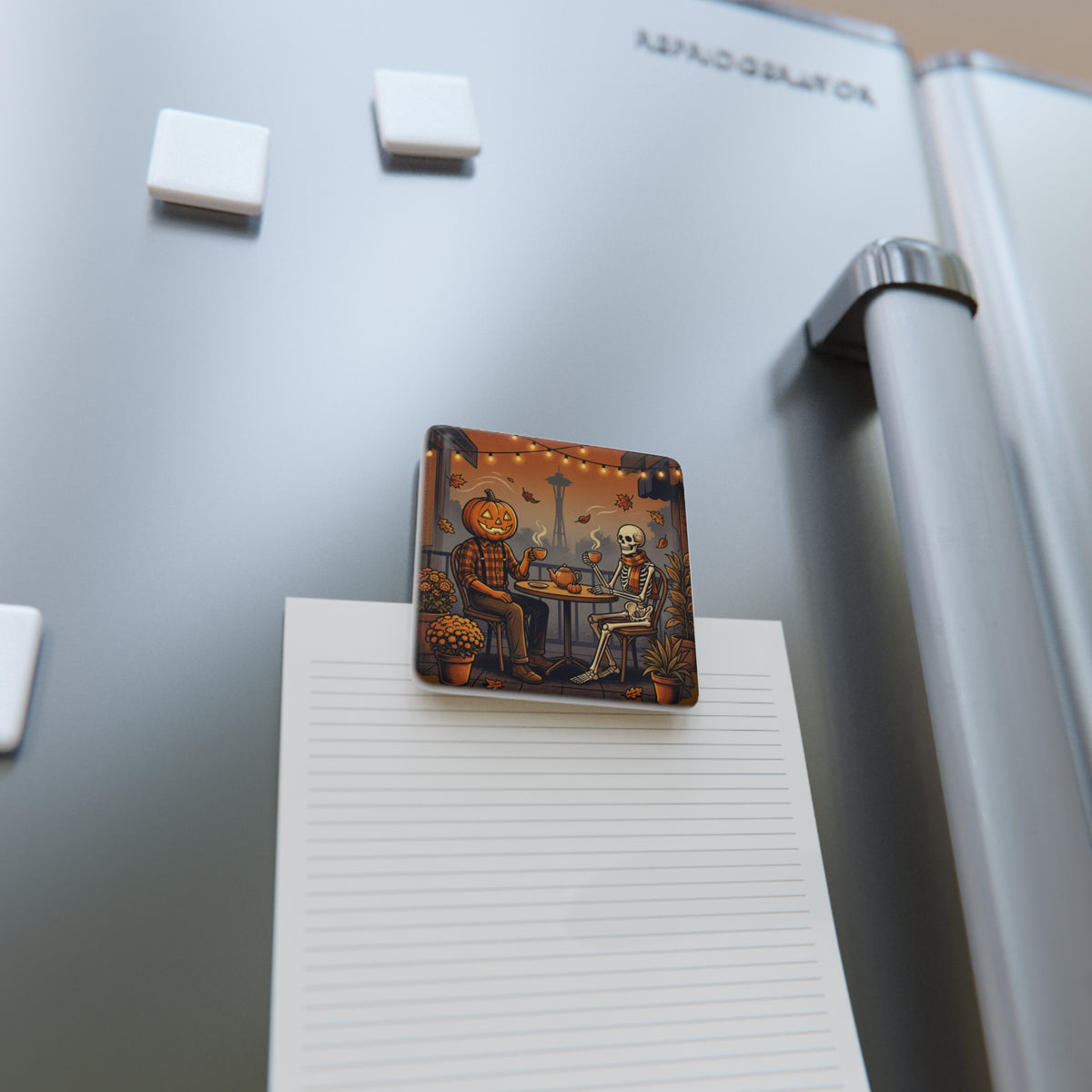 Halloween Date Night Porcelain Magnet — Pumpkin Head & Skeleton Cafe Scene