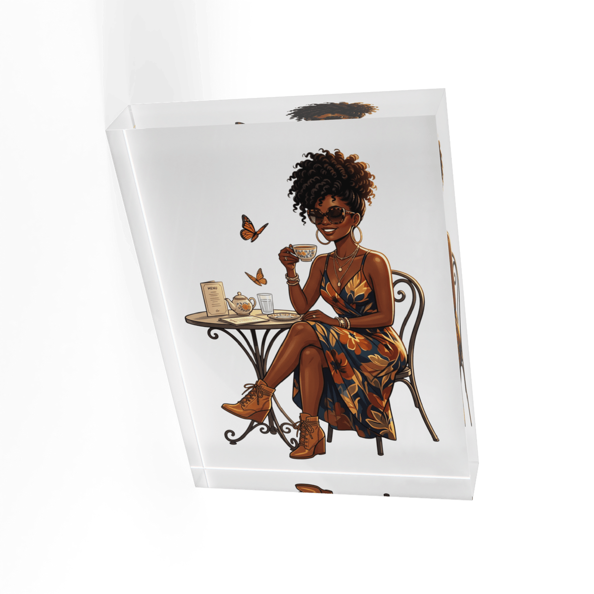 Afro Chic Coffee Moment Acrylic Photo Block - Relaxing Café Wall Décor - Dark Sky Outpost