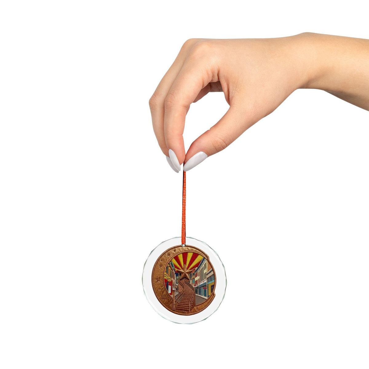 Arizona Coin Scenic Glass Ornament — Tucson Streetcar Stairs Holiday Decoration - Dark Sky Outpost