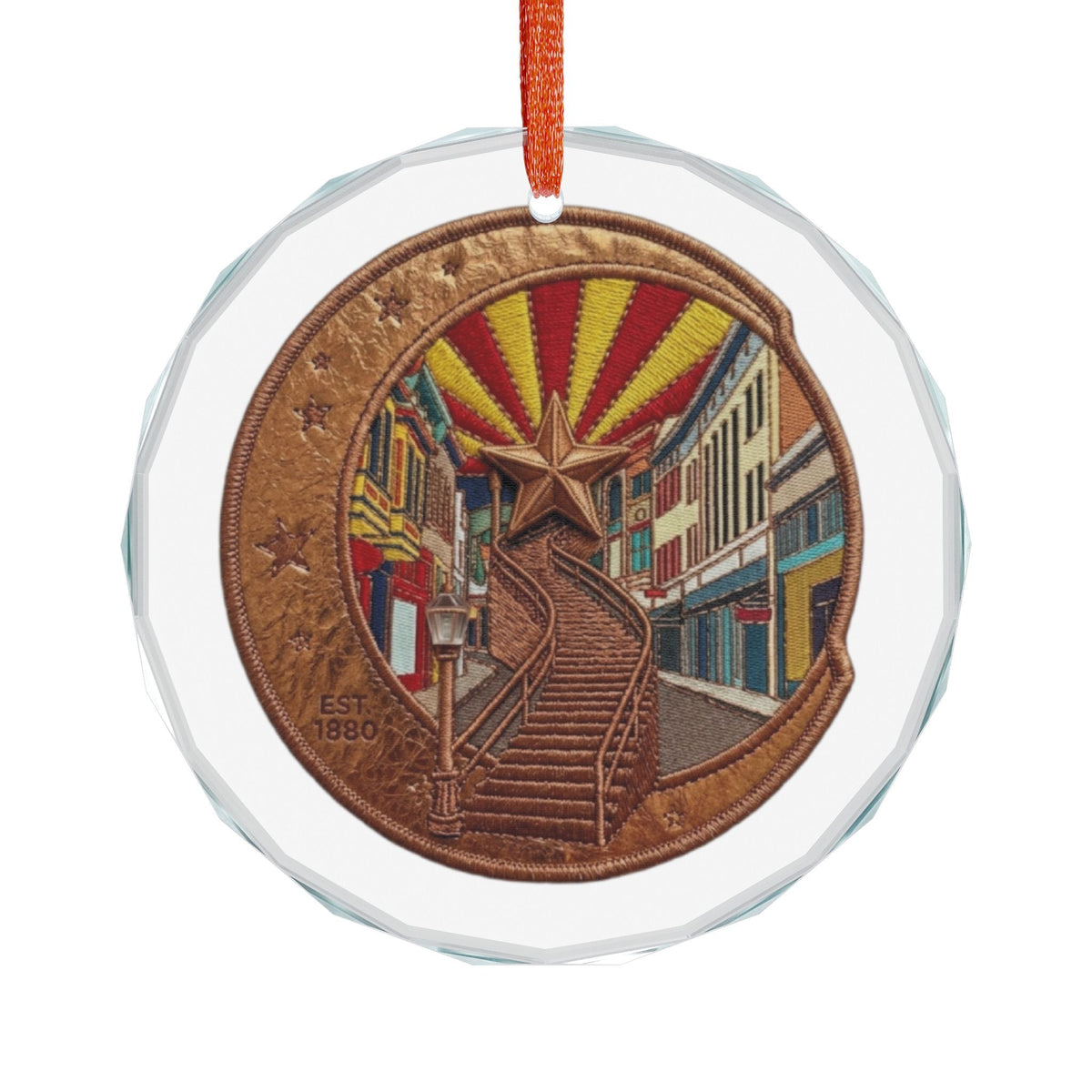 Arizona Coin Scenic Glass Ornament — Tucson Streetcar Stairs Holiday Decoration - Dark Sky Outpost