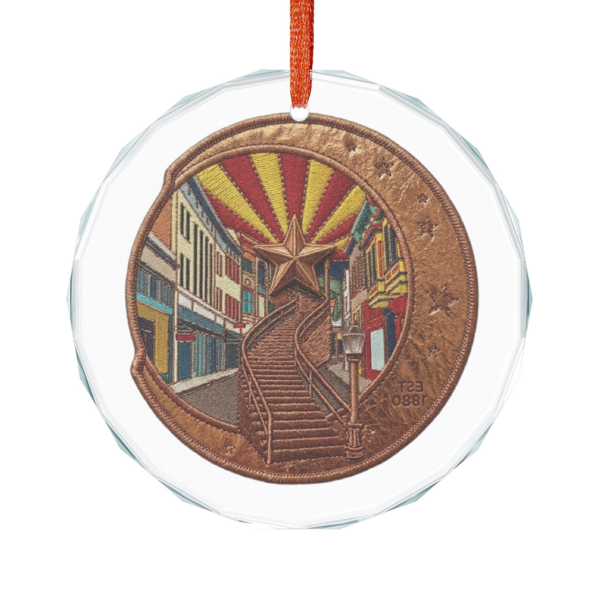 Arizona Coin Scenic Glass Ornament — Tucson Streetcar Stairs Holiday Decoration - Dark Sky Outpost