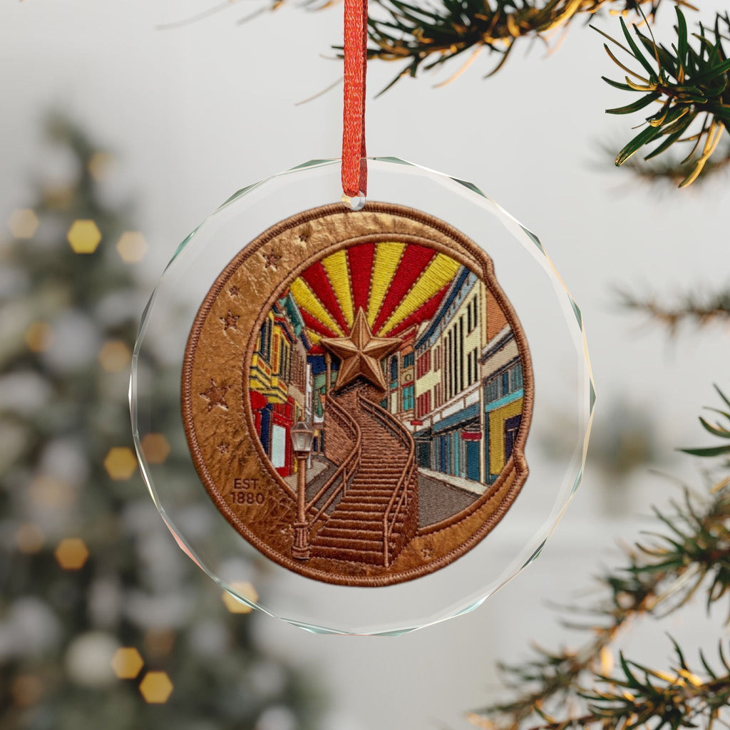 Arizona Coin Scenic Glass Ornament — Tucson Streetcar Stairs Holiday Decoration - Dark Sky Outpost