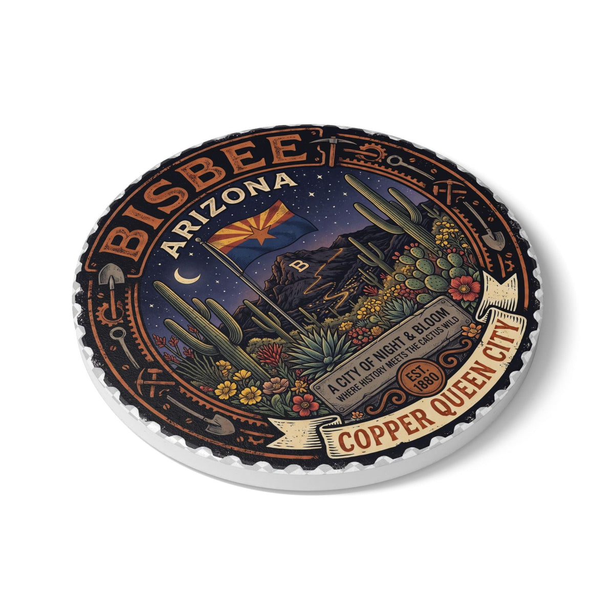 Bisbee Arizona Ceramic Coaster – Copper Queen City Nightscape Souvenir - Dark Sky Outpost