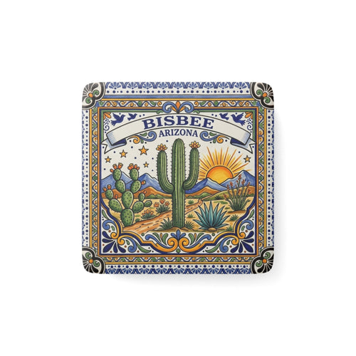 Bisbee Arizona Porcelain Square Magnet — Vintage Desert Cactus Tile Design - Dark Sky Outpost