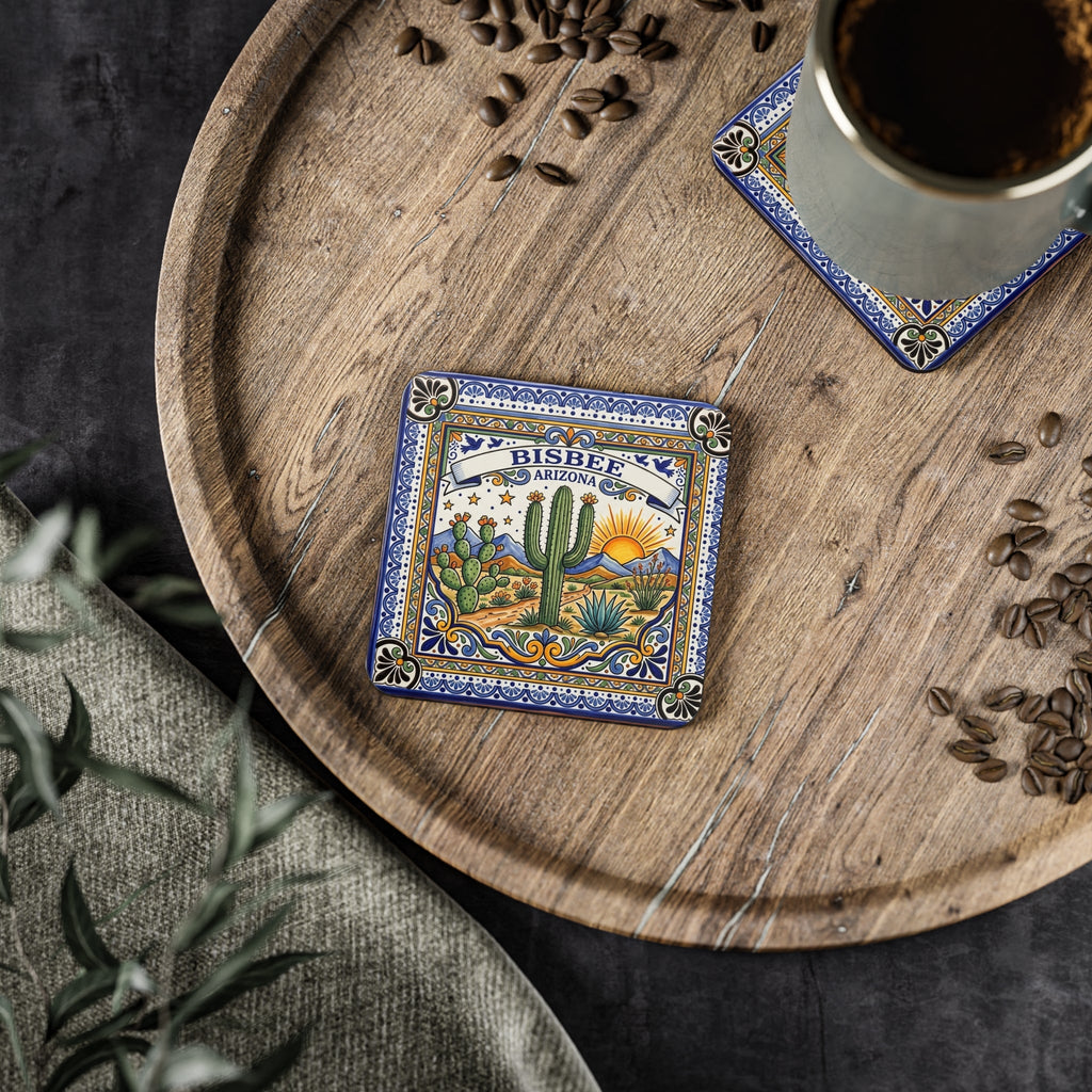 Bisbee Arizona Tile-Style Cork Coaster — Desert Cactus Souvenir - Dark Sky Outpost