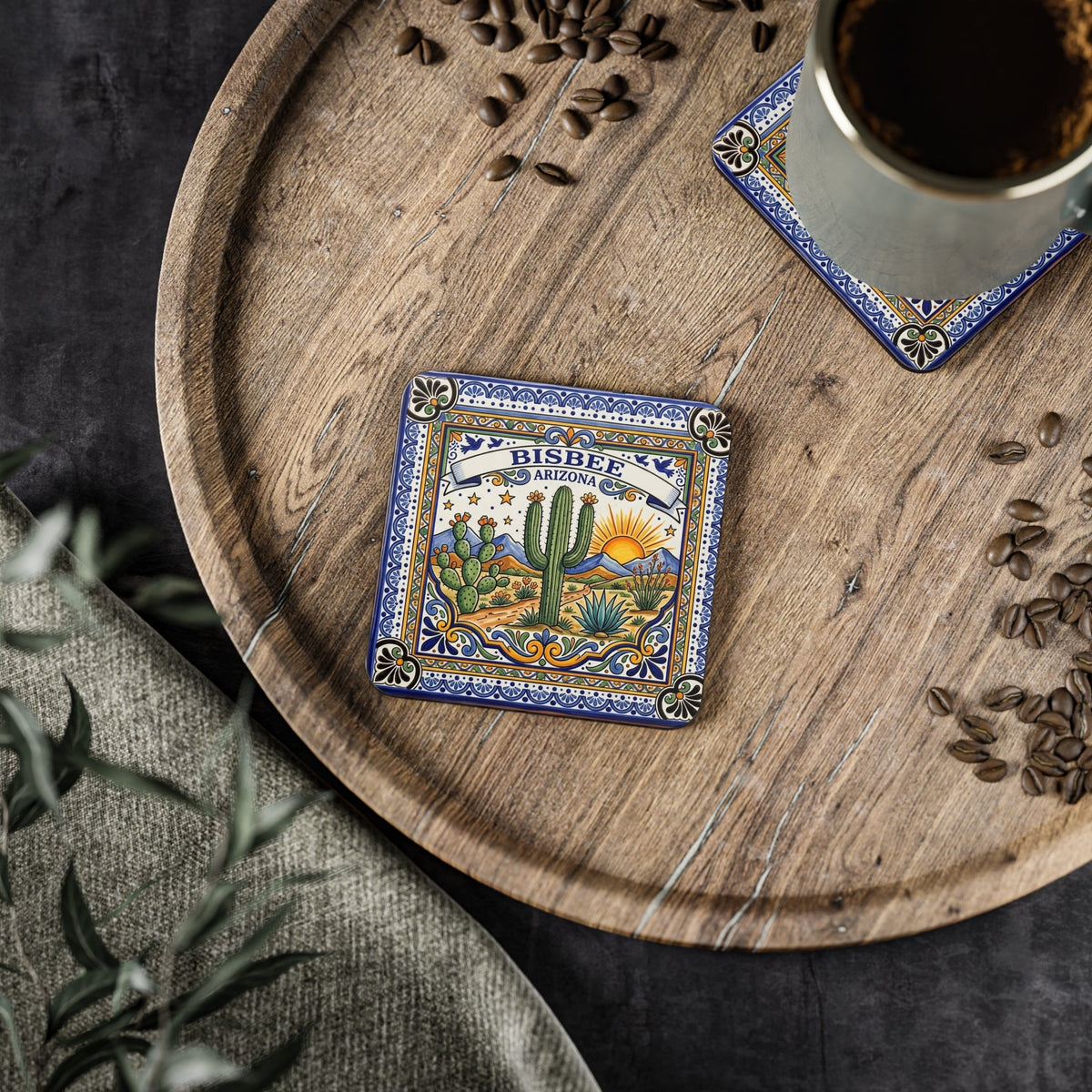 Bisbee Arizona Tile-Style Cork Coaster — Desert Cactus Souvenir - Dark Sky Outpost