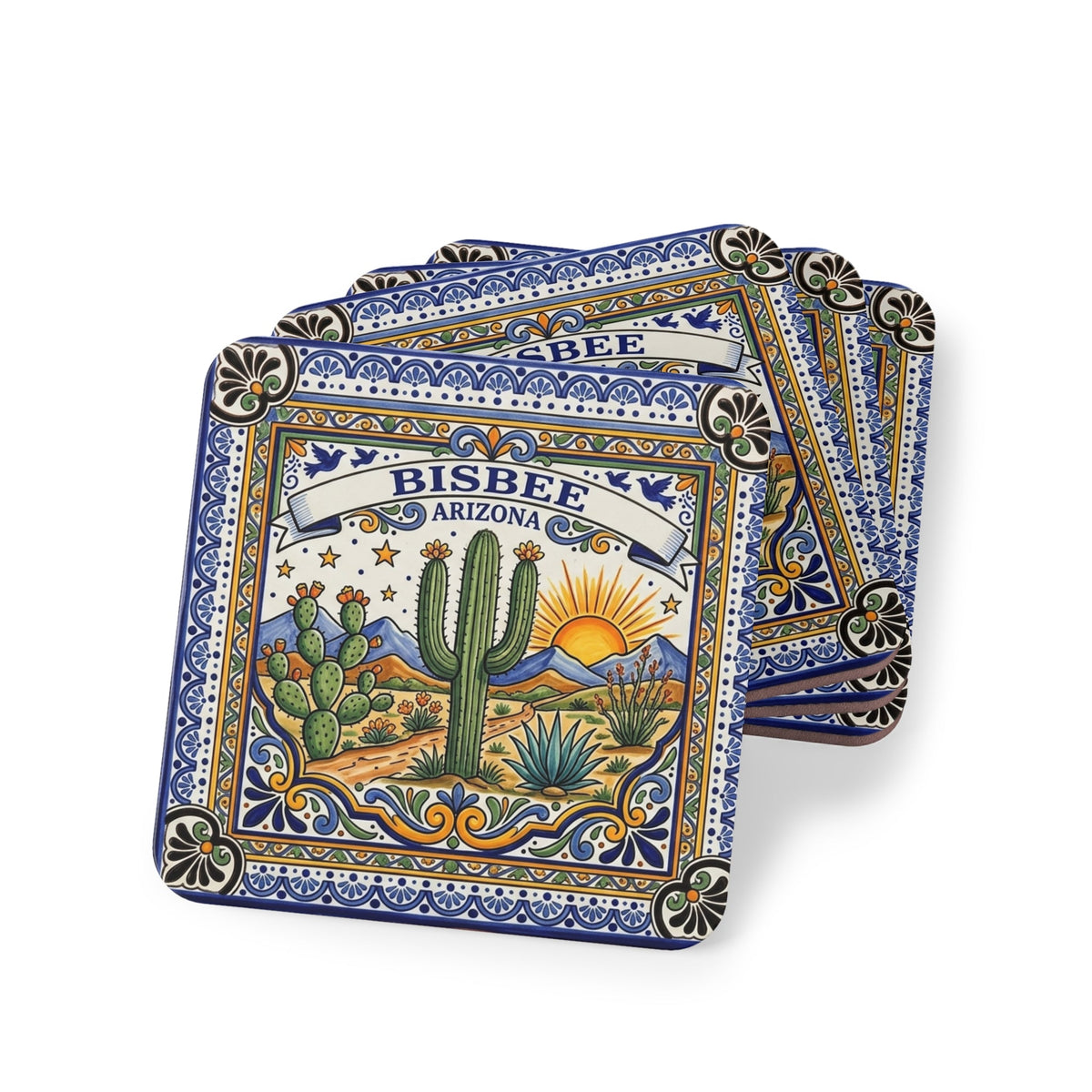 Bisbee Arizona Tile-Style Cork Coaster — Desert Cactus Souvenir - Dark Sky Outpost