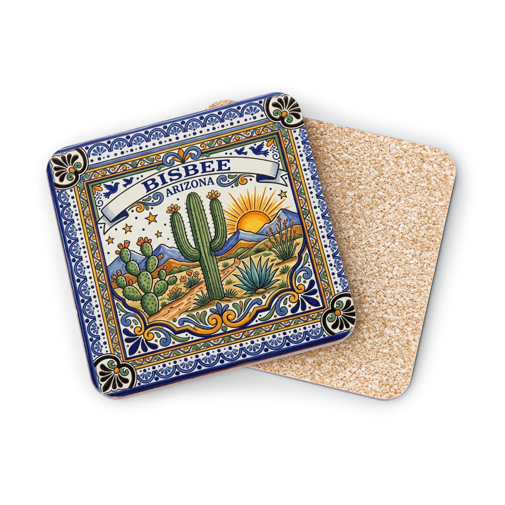 Bisbee Arizona Tile-Style Cork Coaster — Desert Cactus Souvenir - Dark Sky Outpost