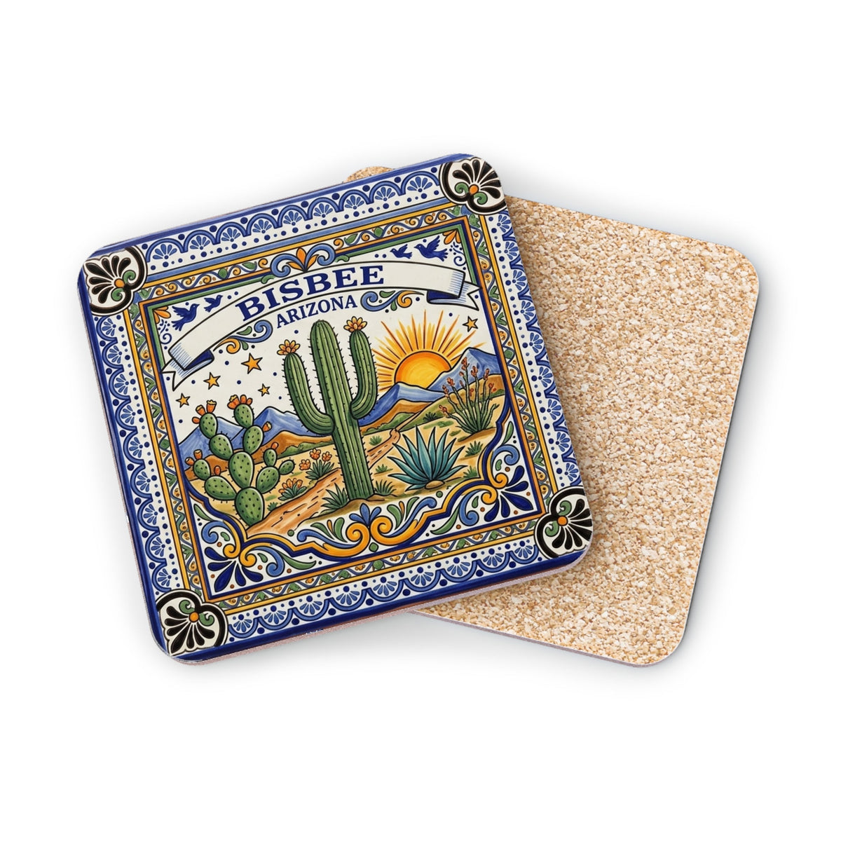 Bisbee Arizona Tile-Style Cork Coaster — Desert Cactus Souvenir - Dark Sky Outpost