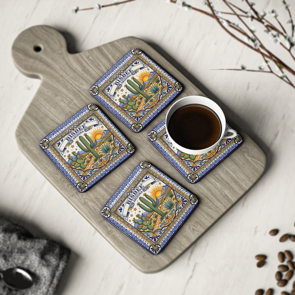 Bisbee Arizona Tile-Style Cork Coaster — Desert Cactus Souvenir - Dark Sky Outpost