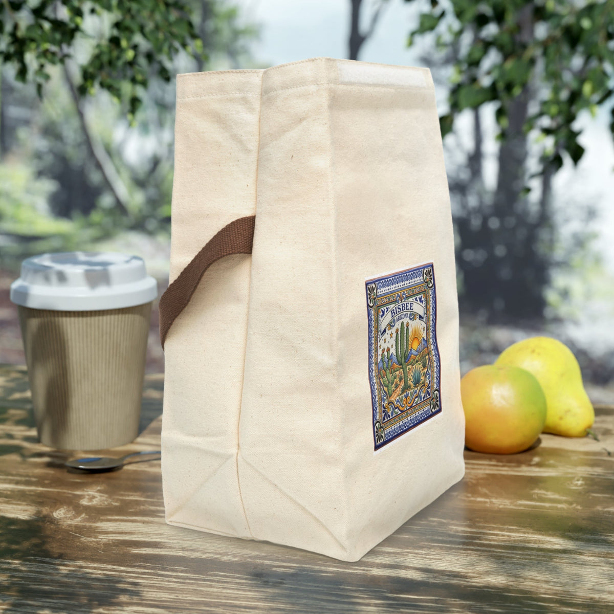 Canvas Lunch Bag - Bisbee Arizona Desert Tile Design with Cactus & Sunrise - Dark Sky Outpost