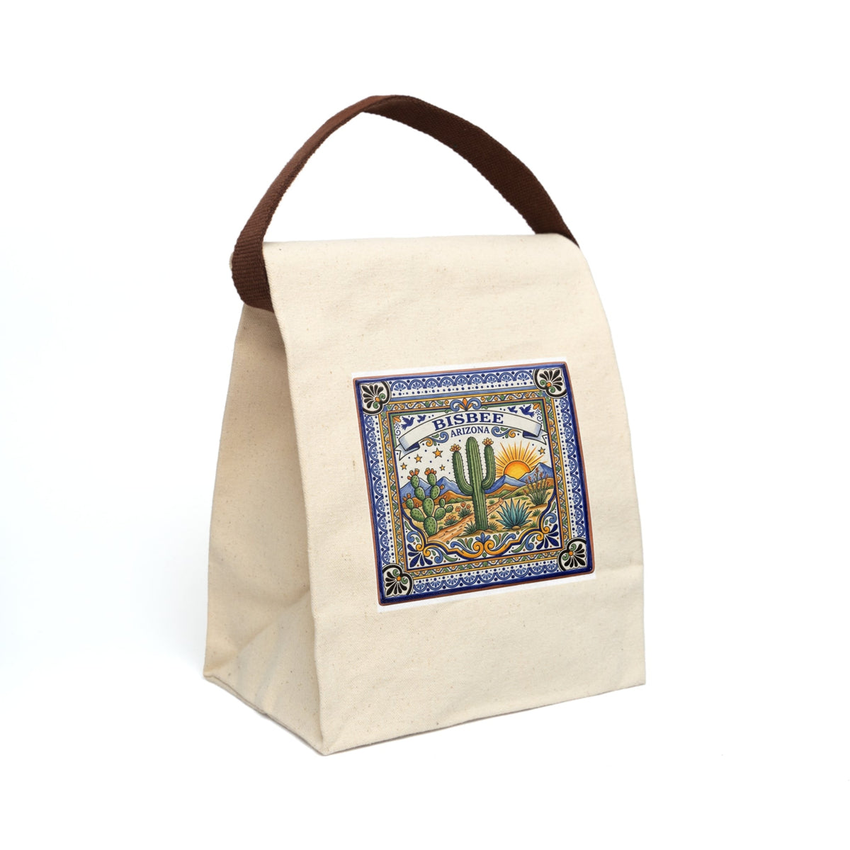 Canvas Lunch Bag - Bisbee Arizona Desert Tile Design with Cactus & Sunrise - Dark Sky Outpost