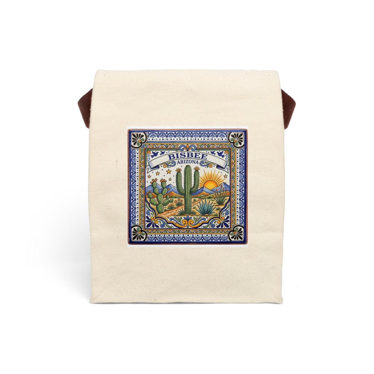 Canvas Lunch Bag - Bisbee Arizona Desert Tile Design with Cactus & Sunrise - Dark Sky Outpost