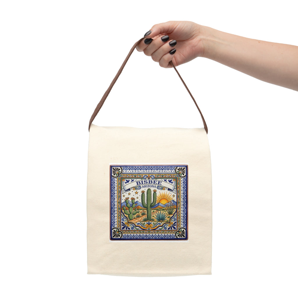 Canvas Lunch Bag - Bisbee Arizona Desert Tile Design with Cactus & Sunrise - Dark Sky Outpost