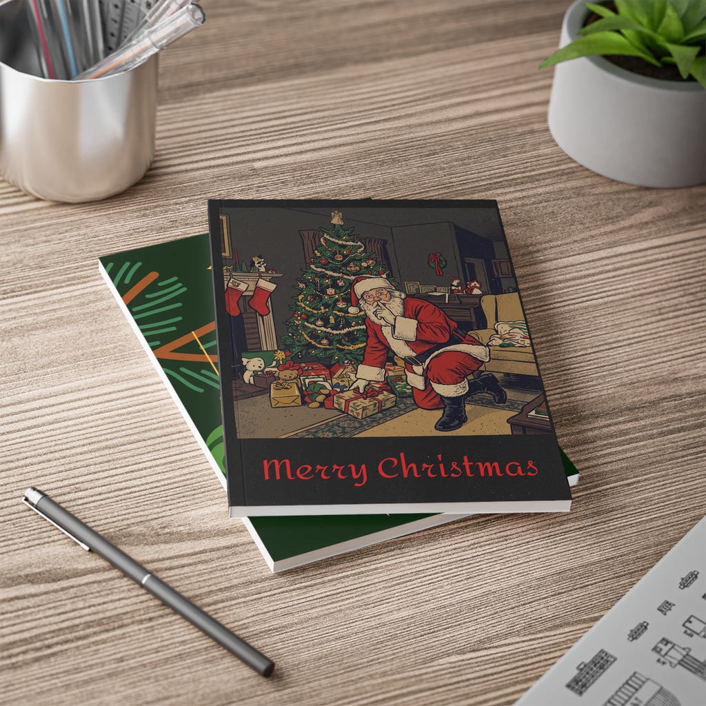 Christmas Santa Notebook — A5 Softcover Holiday Journal with Vintage Santa and Ornaments - Dark Sky Outpost