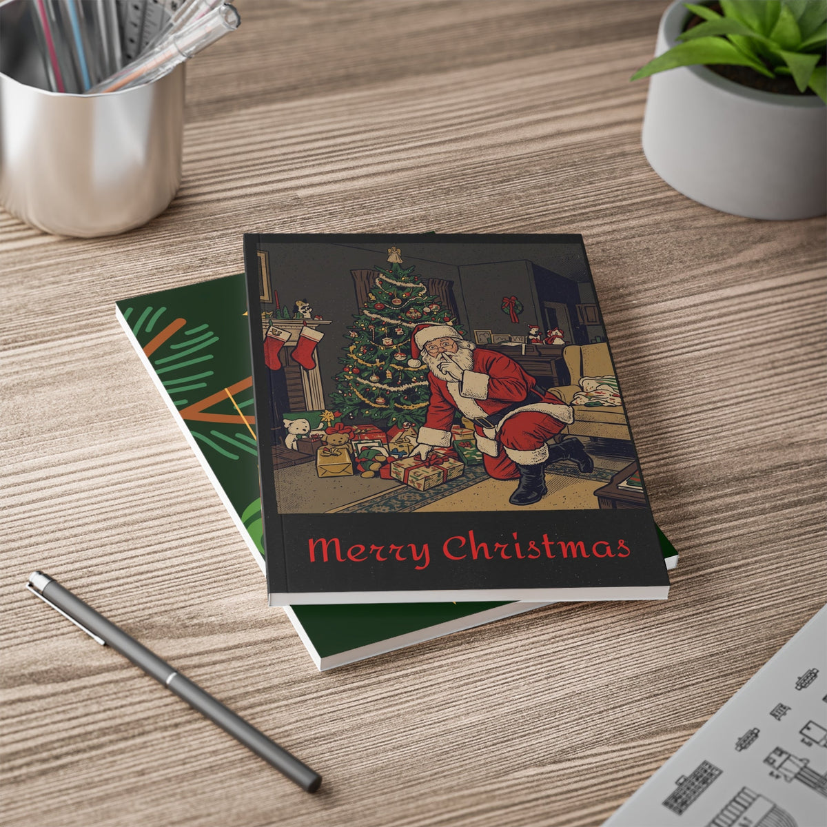 Christmas Santa Notebook — A5 Softcover Holiday Journal with Vintage Santa and Ornaments - Dark Sky Outpost