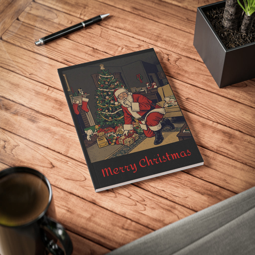 Christmas Santa Notebook — A5 Softcover Holiday Journal with Vintage Santa and Ornaments - Dark Sky Outpost
