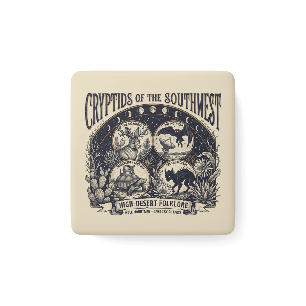 Cryptids of the Southwest Porcelain Magnet — Square Desert Folklore Design - Dark Sky Outpost