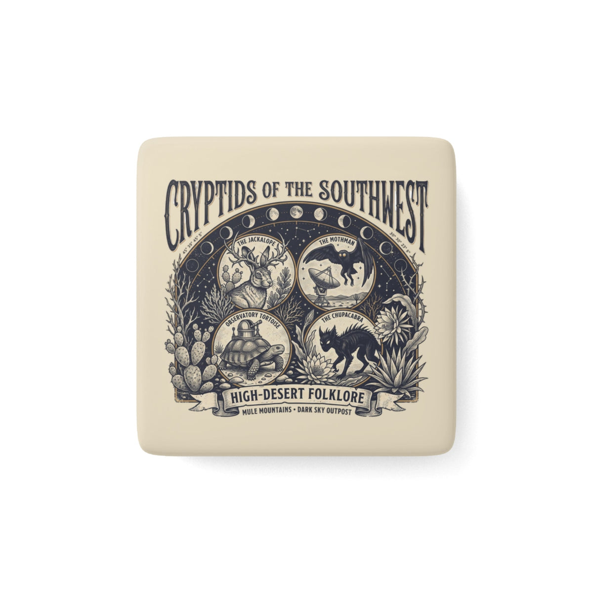 Cryptids of the Southwest Porcelain Magnet — Square Desert Folklore Design - Dark Sky Outpost
