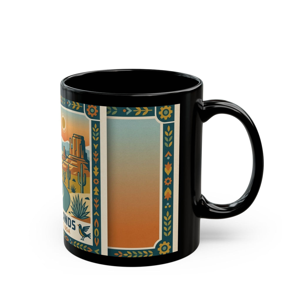 Desert Lands Black Coffee Mug — Southwest USA Scenic Travel Poster Design (11oz, 15oz) - Dark Sky Outpost