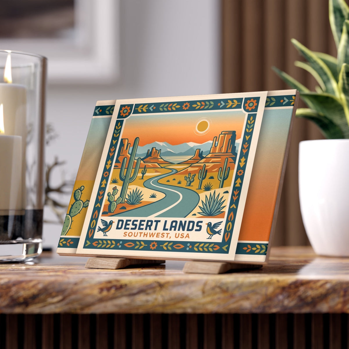Desert Lands Ceramic Photo Tile — Southwest Roadscape Decorative Tile - Dark Sky Outpost