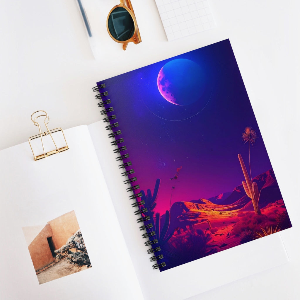 Desert Moon Spiral Notebook — Neon Desert Landscape Ruled Journal - Dark Sky Outpost