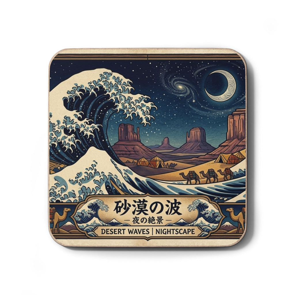 Desert Waves Nightscape Coaster — Japanese Wave Meets Moonlit Desert Hardboard Coaster - Dark Sky Outpost
