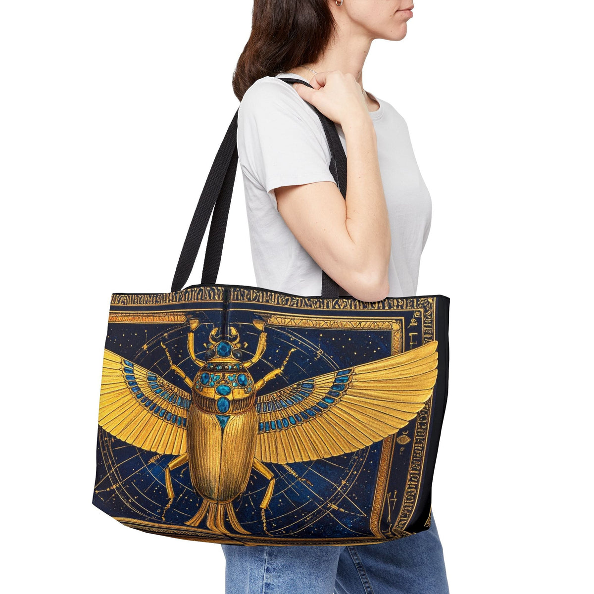 Egyptian Scarab Weekender Tote — Gold Winged Scarab Travel Bag - Dark Sky Outpost