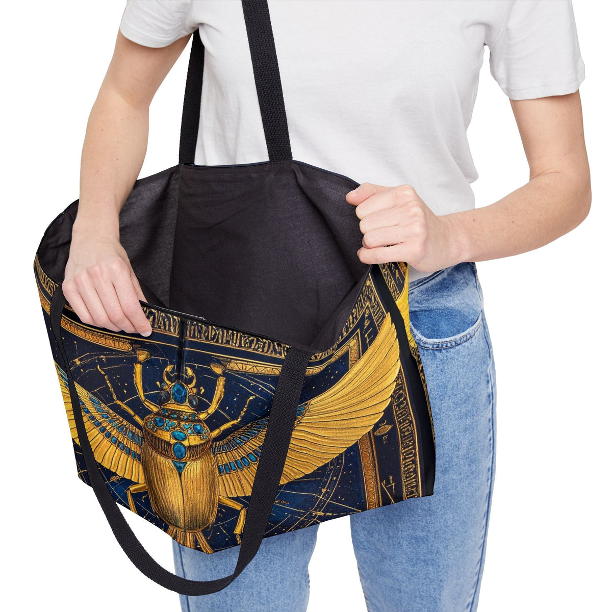 Egyptian Scarab Weekender Tote — Gold Winged Scarab Travel Bag - Dark Sky Outpost