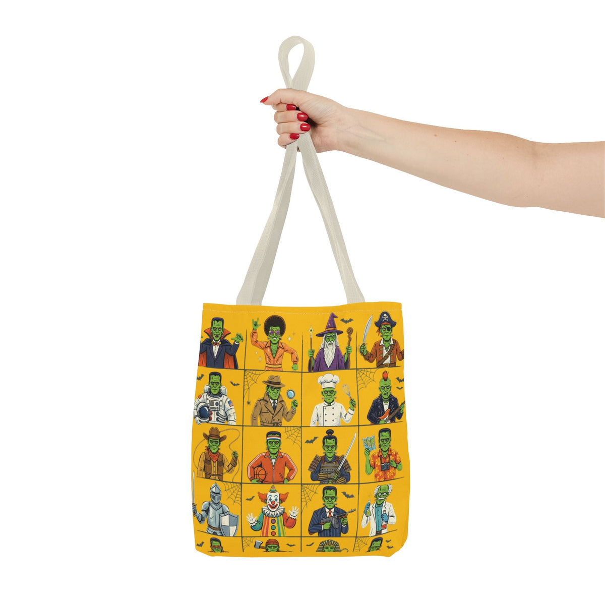Frankenstein Character Grid Tote Bag — Halloween Monster Costume Portraits AOP - Dark Sky Outpost