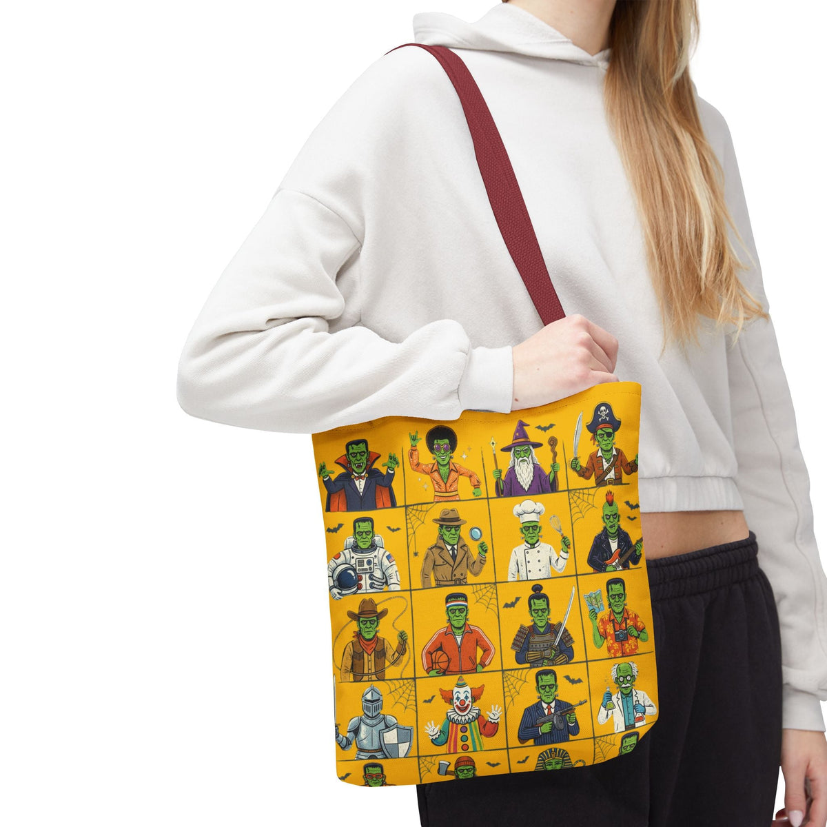 Frankenstein Character Grid Tote Bag — Halloween Monster Costume Portraits AOP - Dark Sky Outpost