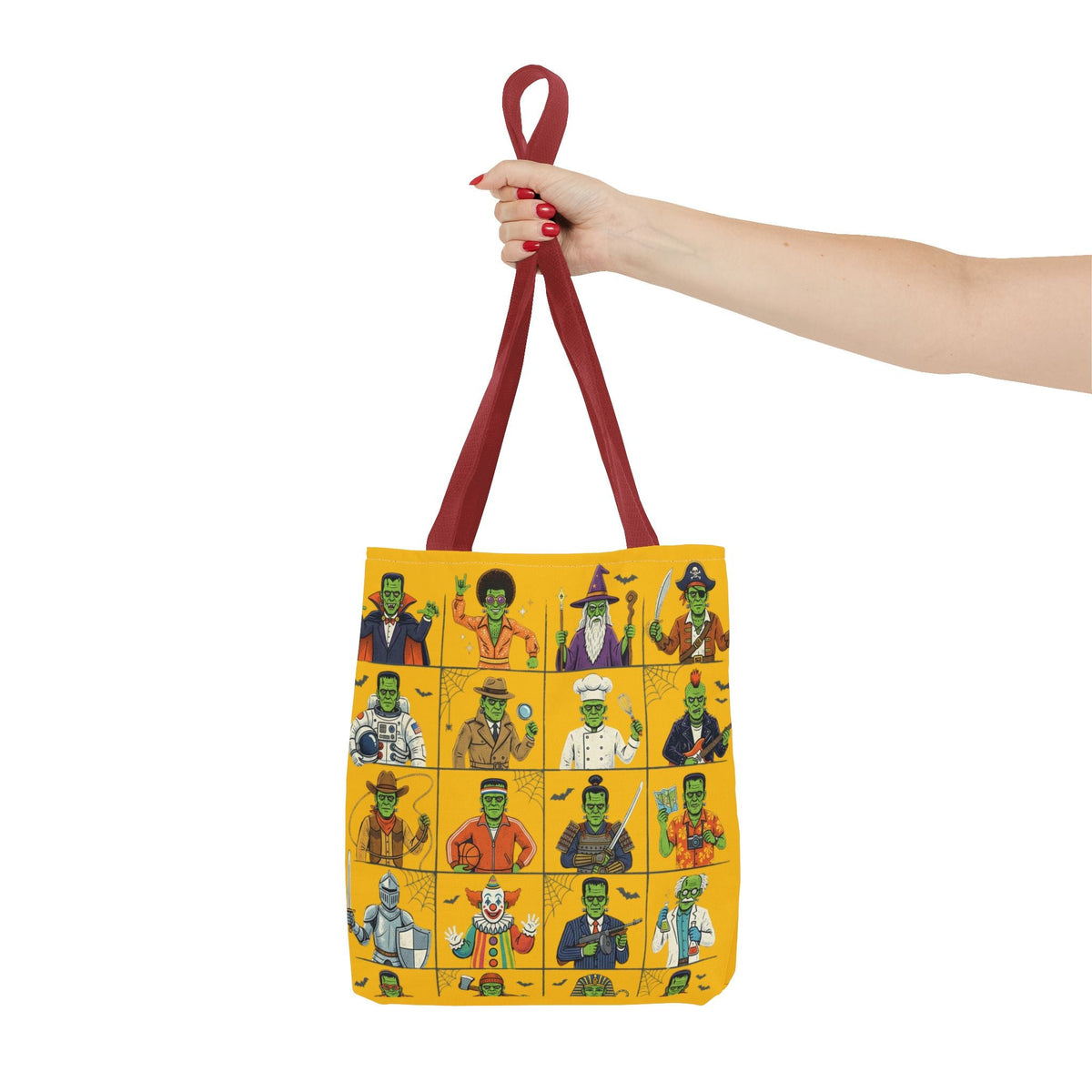 Frankenstein Character Grid Tote Bag — Halloween Monster Costume Portraits AOP - Dark Sky Outpost