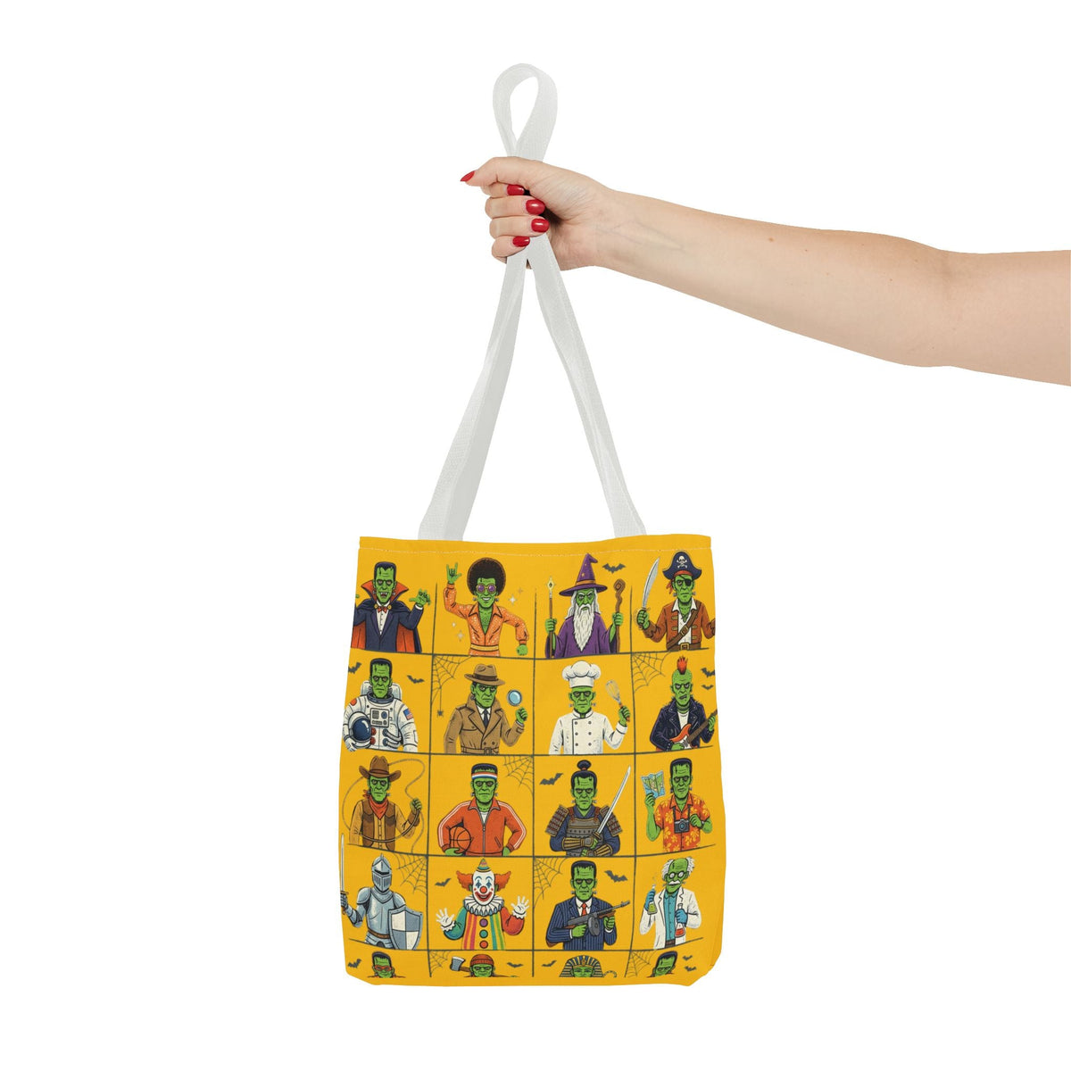Frankenstein Character Grid Tote Bag — Halloween Monster Costume Portraits AOP - Dark Sky Outpost