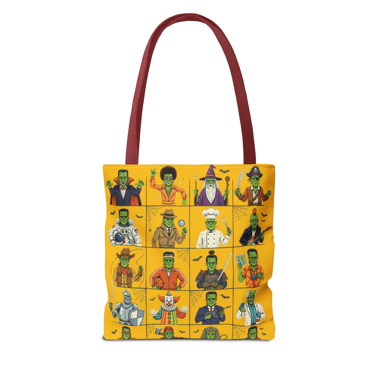 Frankenstein Character Grid Tote Bag — Halloween Monster Costume Portraits AOP - Dark Sky Outpost