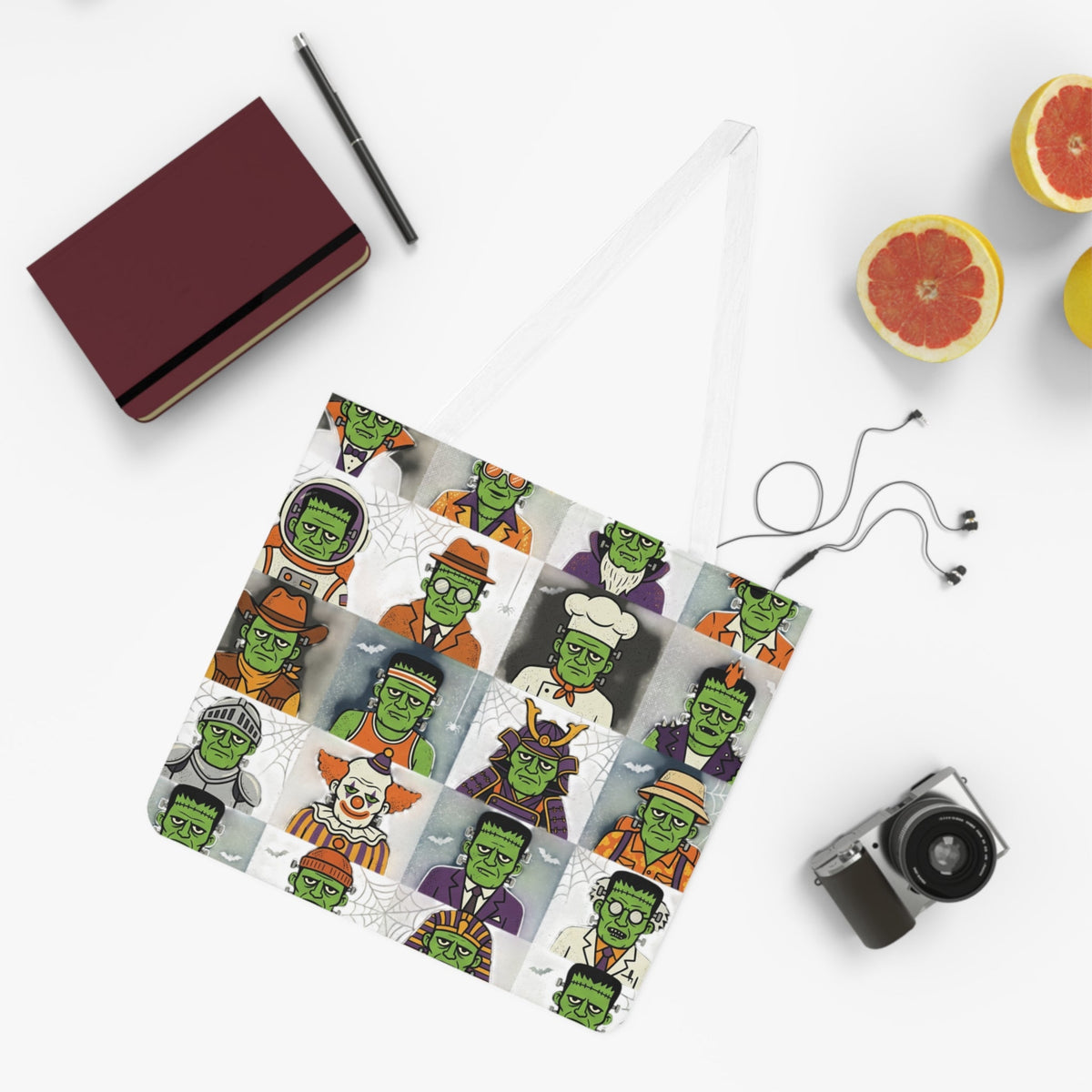 Frankenstein Faces Tote Bag — Halloween Patterned Shoulder Tote - Dark Sky Outpost