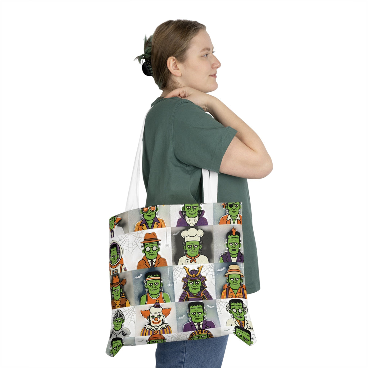 Frankenstein Faces Tote Bag — Halloween Patterned Shoulder Tote - Dark Sky Outpost