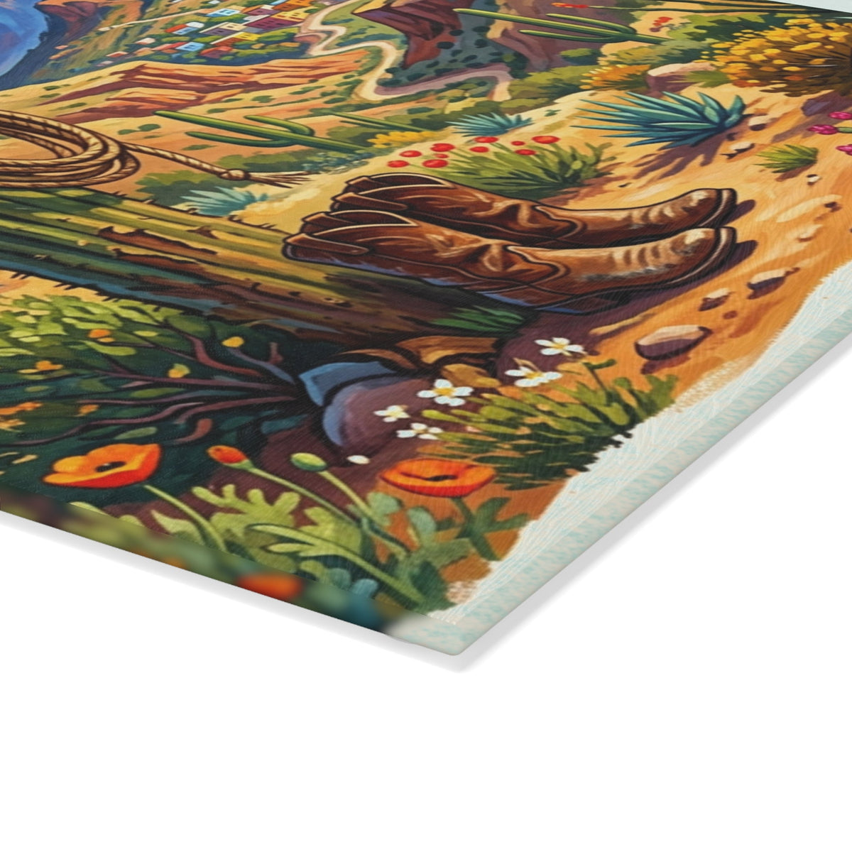 Glass Cutting Board — Southwestern Cactus Desert Scene with Cowboy Hat - Dark Sky Outpost
