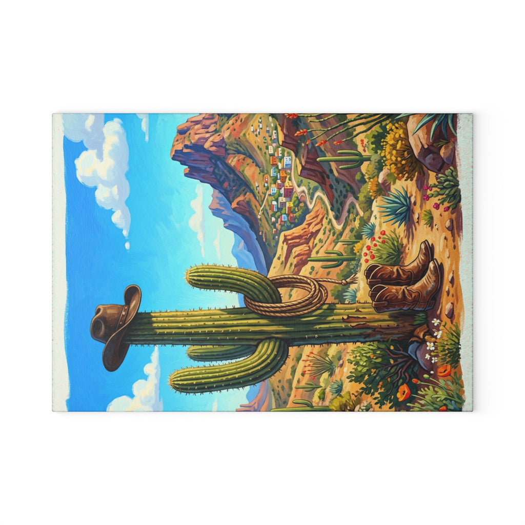 Glass Cutting Board — Southwestern Cactus Desert Scene with Cowboy Hat - Dark Sky Outpost