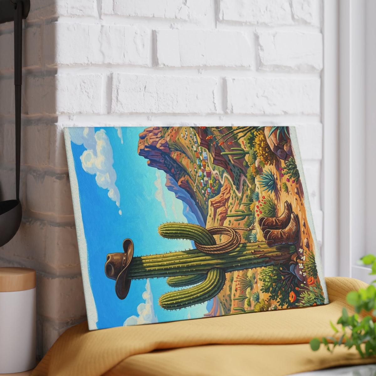 Glass Cutting Board — Southwestern Cactus Desert Scene with Cowboy Hat - Dark Sky Outpost