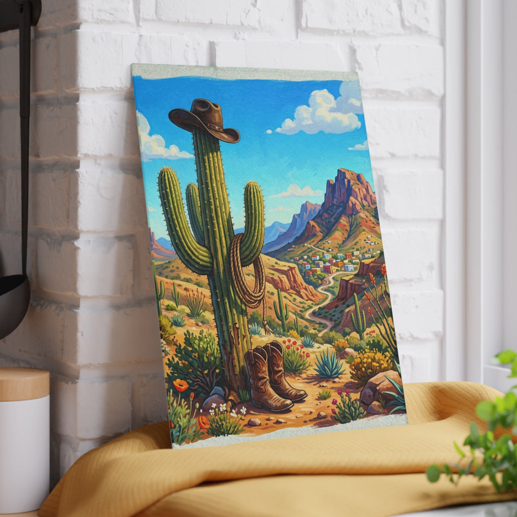 Glass Cutting Board — Southwestern Cactus Desert Scene with Cowboy Hat - Dark Sky Outpost