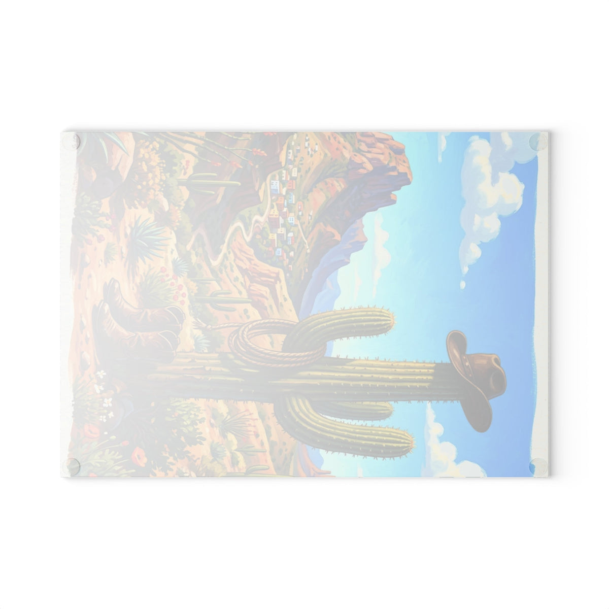 Glass Cutting Board — Southwestern Cactus Desert Scene with Cowboy Hat - Dark Sky Outpost